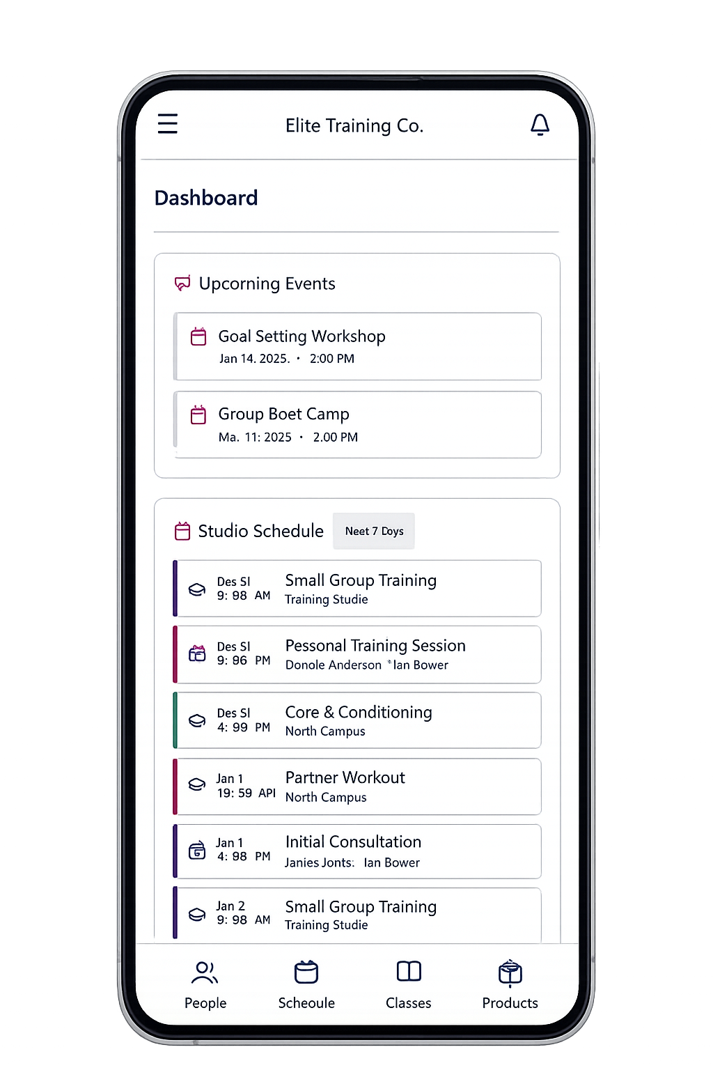 Dashboard view showing schedule and events